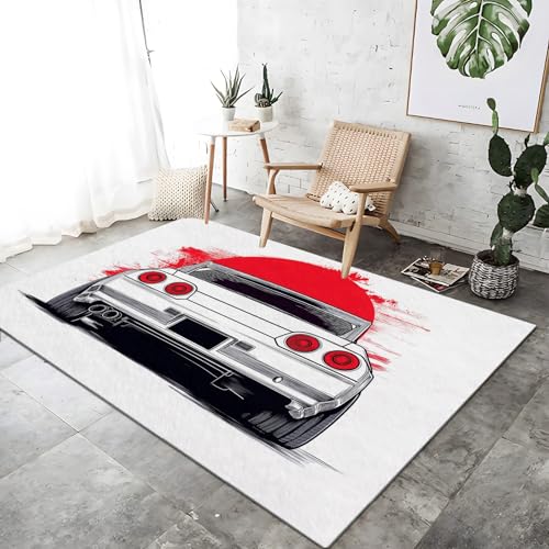Moderne 120 x 180 cm Tapis Lavable Facile à Nettoyer Tapis, Style Japonais Dessin Animé Voiture antidérapant Blanc Rouge imprimé Tapis pour Salon Chambre...