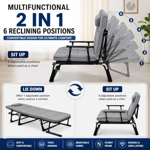 Image of Hukimoyo Folding Bed Single for Sleeping 6 in 1 Adults Foldable Portable Camping Cot with Adjustable Reclining Backrest Lounge Chair Recliner for Home Office Travel Balcony and Outdoor Use (200 kg)