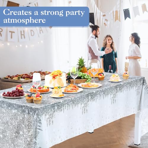 Image of Ganeen 3 Pcs Silver Tablecloths Glitter Diamond Disposable Plastic Table Cover Sequin Printed Rectangle Tablecloths for Girl Women Birthday Wedding Party Decor Supplies, 54 x 108 Inch