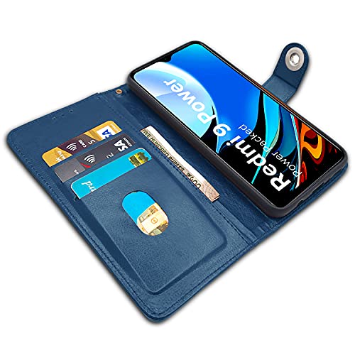 Image of Pikkme Redmi 9 Power Flip Cover| PU Leather Finish | 360 Protection | Wallet & Stand | Strong Magnetic Flip Case for Redmi 9 Power (Blue Button)
