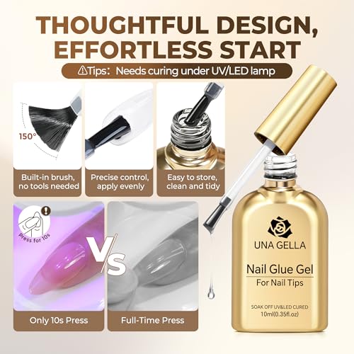 Image of UNA GELLA 9 in 1 Gel Nail Glue for Clear Acrylic Nails Tips 2Pcs 10ml Long Lasting Super Strong Brush on Nail Gel Glue for False Press on Nails Tips Base Blooming Gel, U V Light Required