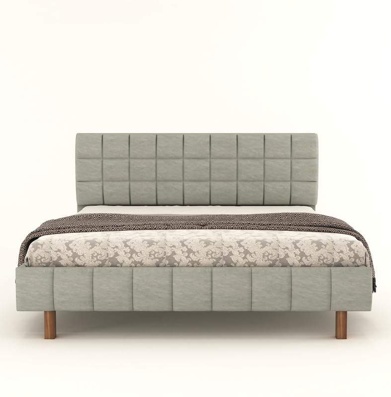 Image of MODESTY WOODS Queen Size Upholstered Bed Without Storage | Solid Sheesham Wood Wooden Cot with Cushioned Fabric Headboard | Modern Double Bed for Bedroom | Grey