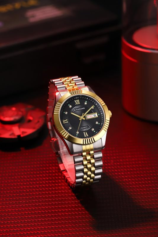 Image of Giordano Classic Analog Quartz Watch for Men with Textured Dial, Fluted Bezel, Day & Date Display & Two-Tone Stainless Steel Strap