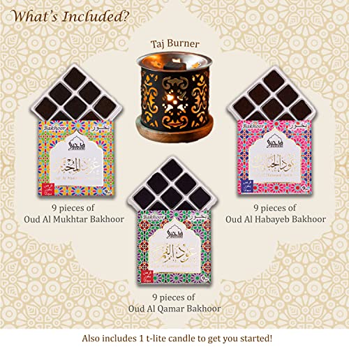 Oud Al Mukhtar, Oud Al Qamar, Oud Al Habayeb Bakhoor عود بخور By Dukhni - (3 Trays X 9 Piece Each) & Taj Exotic Burner مبخرشمعدان | Perfect For Prayer & Meditation. Great Gift #TOP3