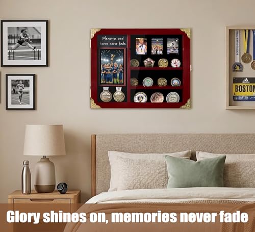 Image of Challenge Coin Display Case Wall Mount with Light, Removable Shelves and Picture Frame for Honor Military Coin Holder, Memorial Gift for Veterans Men Collectors (Reddish Brown)