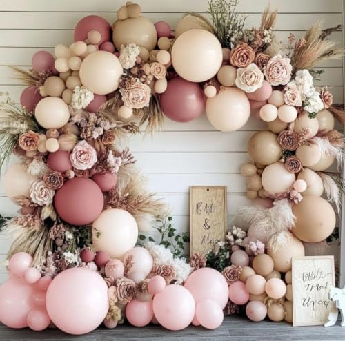 Image of Dusty Pink Balloon Arch, Double Stuffed Blush Nude Brown Balloons Pink Beige Rose Gold Balloon Garland Kit for Boho Neutral Birthday Baby Shower Wedding Bridal Shower Baby in Bloom Party Decor