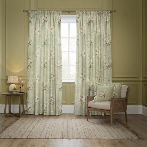Sanderson Adele Room Darkening Pencil Pleat Curtain Pair – Botanical Floral Peony Lined Chenille Drapes (Sage - 117x183cm)