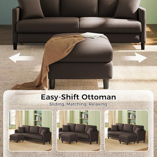 Image of Welzona 83 inch Couches for Living Room, Teddy Sofa Couch with Storage Ottoman, L Shaped Couch with Movable Ottoman, Tool-Free Modular Sectional Sofa, All-Wood Sofas for Living Room 2 Pillows, Khaki