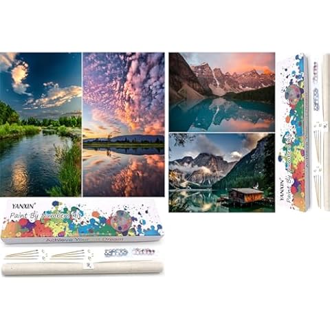 YANXIN 4 Pack Paint by Numbers Kits for Aduts, Paint by Numbers Rolled Canvas 16x12 Inch, Lake and Sunrise Cover