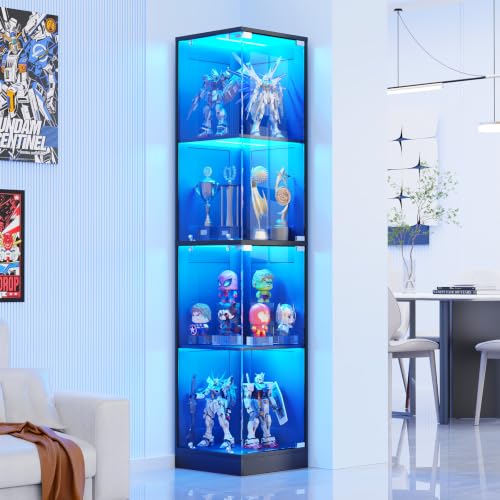 BROTTAR Corner Display Cabinet with Glass Doors Curio Cabinet with 3 Color LED Lights for Collectibles 4-Tier Display Case with Human Body Sensor for Toys Books Black
