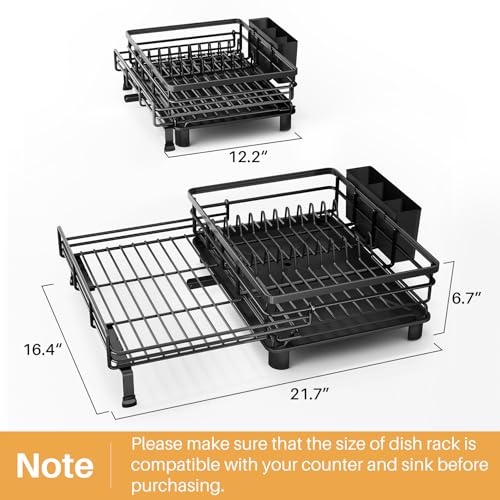 Image of SNTD Dish Drying Rack - Extendable Dish Rack, Large Sink Drying Dish Drainer for Kitchen Counter, Stainless Steel Dish Strainer with Utensil Holder (Black)