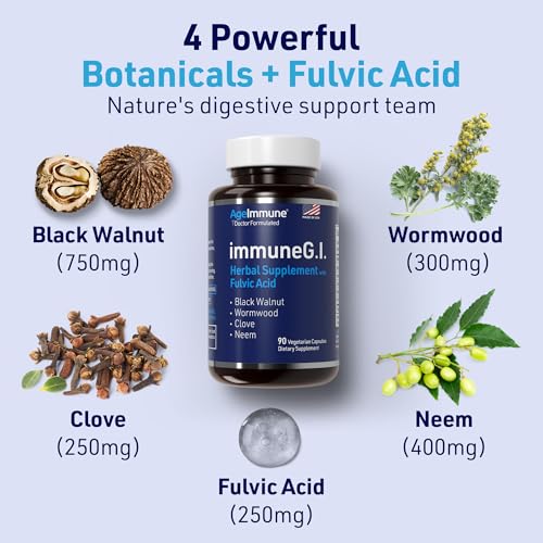 Image of AgeImmune ImmuneG.I. Wormwood Black Walnut Hull 750mg Clove Neem Fulvic Acid | Intestinal Cleanse Formula | Doctor Formulated to Support Gut Health & Detox - No Stearates, No Dioxides - 90 Capsules