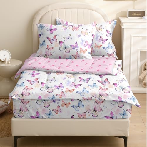 Image of Kids Comforter Set,Zipper Bedding Twin for Girls,Butterfly Printed Comforter Set with Color Spots Fitted Sheets and Pillowcases for All Season(Butterfly)