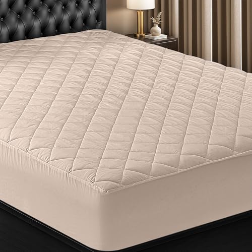 Utopia Bedding Quilted Fitted Mattress Pad, Twin Size, Elastic Fitted Mattress Topper Protector and Cover Stretches up to 16 Inches Deep, Machine Washable (Beige)