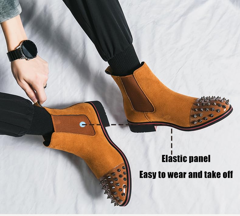 Men's Studded Metal Spike Suede Slip On Ankle Boots Pointed Toe Elastic Panels Non Slip Casual Chelsea Boots2