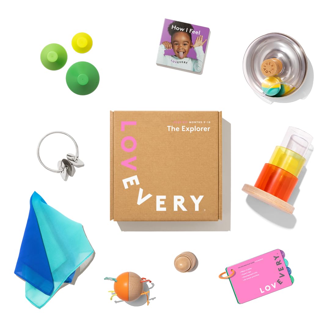 LOVEVERY, The Explorer Play Kit + Libro Bonus, Giocattoli per lo Sviluppo del Bambino e Regalo, Essenziali Neonati Compresi Giocattoli Montessori per Causa ed Effetto e Tenaglia Afferrare Sviluppo, 9