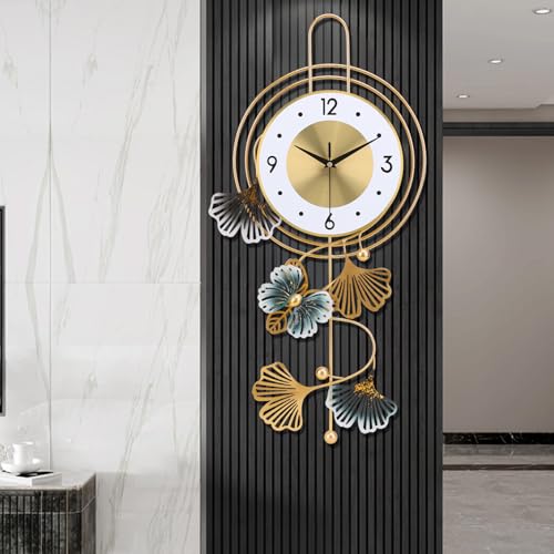 Large Wall Clock for Living Room, Round dial with Golden Green Leaves and Butterfly, Modern Silent Non Large Wall Clock for Living Room, Round dial with Golden Green Leaves and Butterfly, Modern Silent Non-ticking Metal Wall Clocks for Kitchen Bedroom Study Office, 12.5x25.5inch (Gold Butterfly&Leaves)