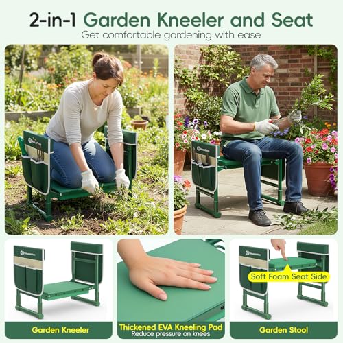 Housolution Garden Kneeler and Seat with Anti-Tipping Extendable Legs, Foldable and Portable Garden Stool with 2 Tool Bags, Thick Soft Kneeling Pad, Gardening Gifts for Women Men Seniors, Deep Green - Image 4