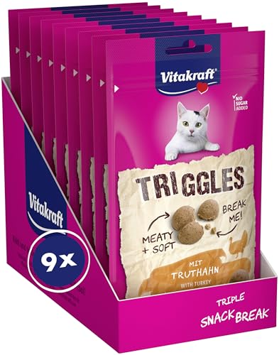 Vitakraft Triggles, snack gatto, con tacchino, confezione scorta, senza zuccheri aggiunti (9x 40g)