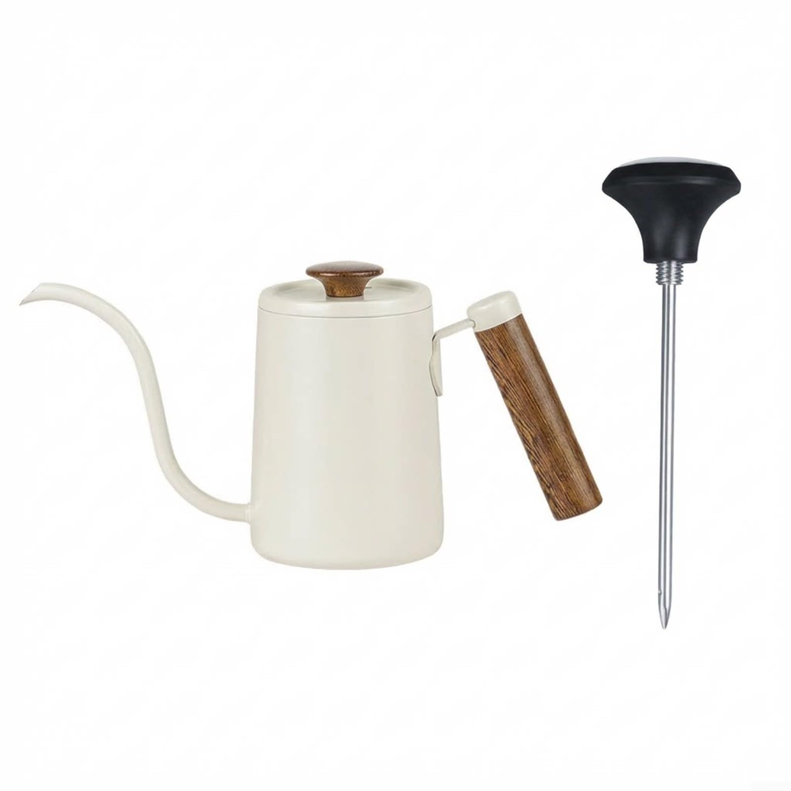 Cafetera de acero inoxidable 304 de 600 ml negra con termómetro y mango de madera
