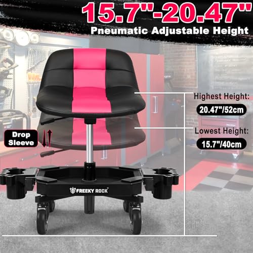 Image of Rolling Stool with Wheels, Adjustable Height Pneumatic Garage Work Mechanic Stool Seat with Backrest, 400 LBS Capacity 360 Swivel Mechanic Crepper Chair with Tool Tray Storage, Pink