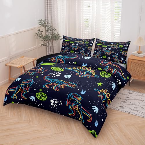 Image of NINENINE Dark Blue Dinosaur Bedding Sets for Kids Boys,Retro Dinosaur Bedding Comforter,Full Size Bedding Sets for Boys Kids, with 1 Comforter 2 Pillowcases