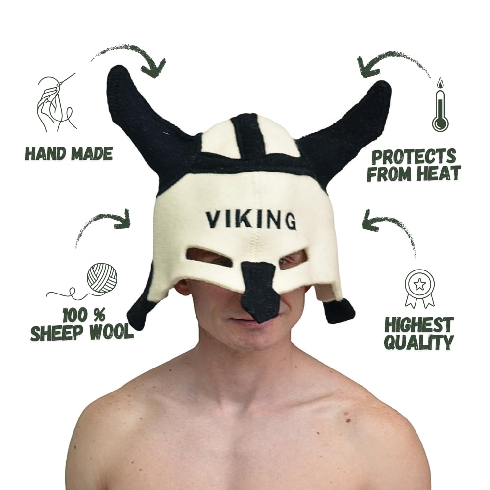 Saunahut 'Sauna Viking' White - 100% organische Wollfilzmützen - Schützen Sie Ihren Kopf vor Hitze - Englische Sauna E-Book Handbuch inklusiv - mit Stickerei