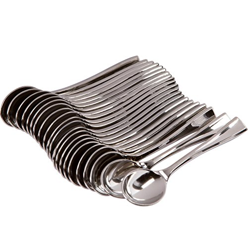 SimpleHomeCo. Premium Disposable Mini Dessert Spoons Silver 100 Pieces 4 Inches | Stainless Steel Finish | Heavy Duty Plastic Tasting Spoons | Perfect for Small Appetizers and Desserts