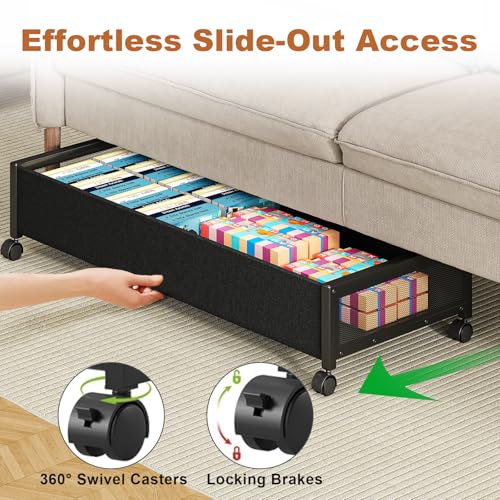 Image of Fokyfok 2 Pack Under the Bed Storage Containers,36 inch Long Underbed Storage with Wheels,7.3 inch Height Under Bed Shoe Storage,Large Rolling under bed Clothes Storage Drawers with Lid for Dorm,Black