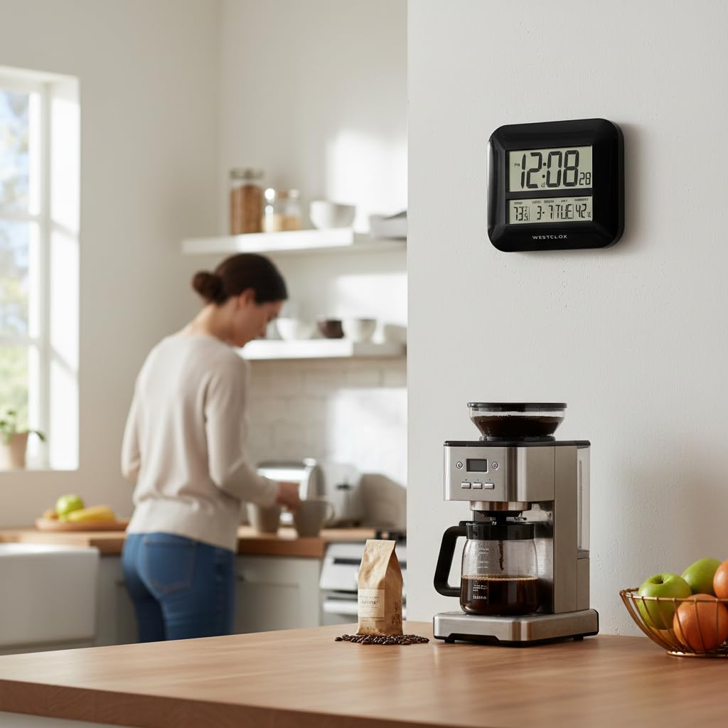 Westclox Reloj de pared digital grande negro con indicador de fecha y temperatura