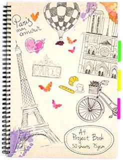 Chiltern Wove A4 Wirebound Project Notebook - Vintage Paris Design - 3 Internal Dividers - 100 Pages