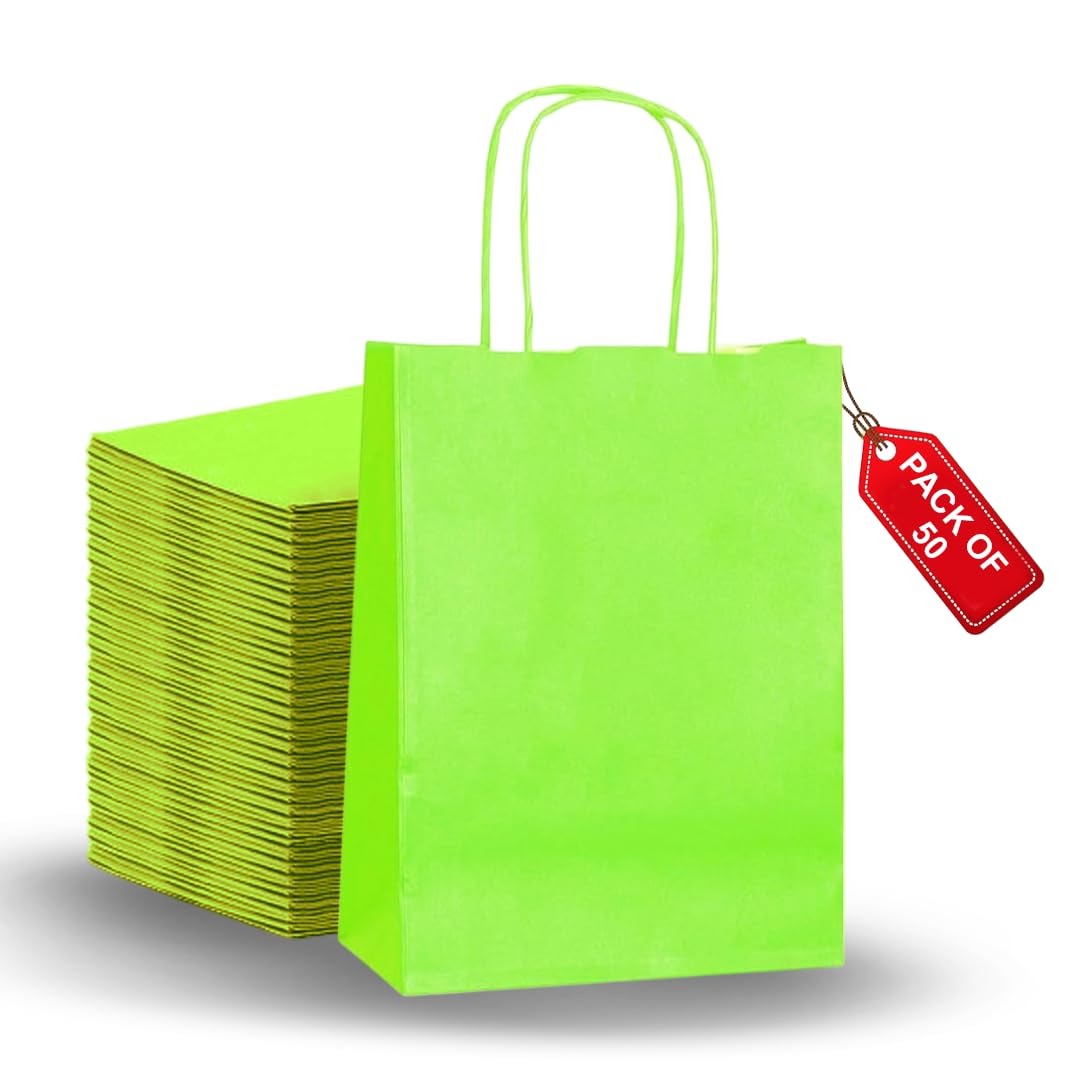 MEDIUM 50 Pcs Paper party bags for kids party - Present holder with twisted handles - Green gift bag Ideal for Easter, Anniversary, Birthdays, Weddings, Baby Showers (41 x 32 x 12 CM)