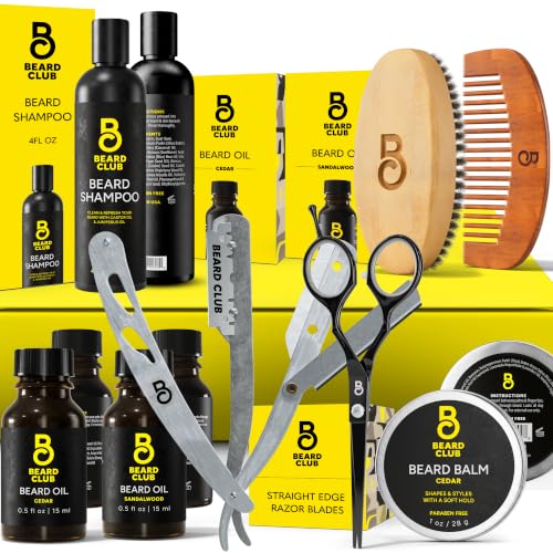 Image of The Beard Club Beard Kit for Men - Grooming & Care Kit - Cedar & Sandalwood Oil, Cedar Balm, Shampoo, Brush, Comb, Trimming Scissors, Straight Edge Razor - Gift Set