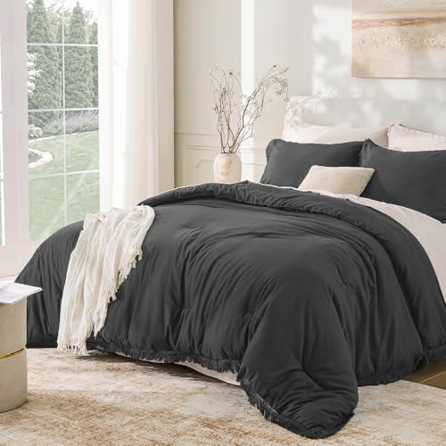 Image of Andency Comforter King Size Bed Set Dark Grey, 3 Pieces Boho Lightweight Winter Bedding Comforters & Sets, All Season Soft Tassel Bed Set (104x90In Comforter & 2 Pillowcases)