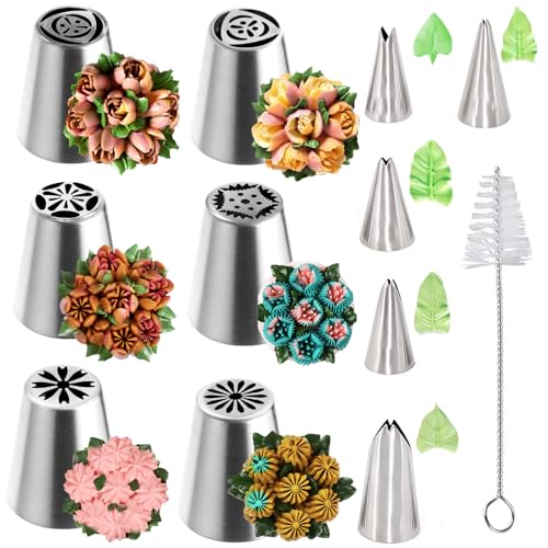 Russian Piping Tips Set, 12 Pcs Russian Piping Nozzles Stainless Steel Flower Frosting Nozzles and Leaves Icing Piping Tips for Cake Decorating DIY Cupcakes Dessert