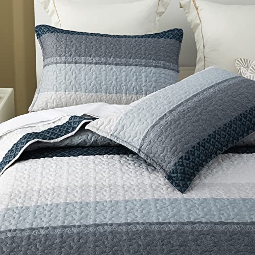 Durlengen Quilt Set California King Size 3Pcs, Blue & Navy Striped Patchwork Pattern All Season Lightweight Coverlet Sets(Cal King 112X104, Blue Patchwork) #TOP3
