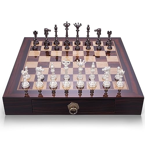 AMEROUS 20 Inches Wooden Chess Set with Metal Chess Pieces- 4.5'' King - 2 Built-in Storage Drawers - Gift Packaging,Tournament Chess Board Games for Adults
