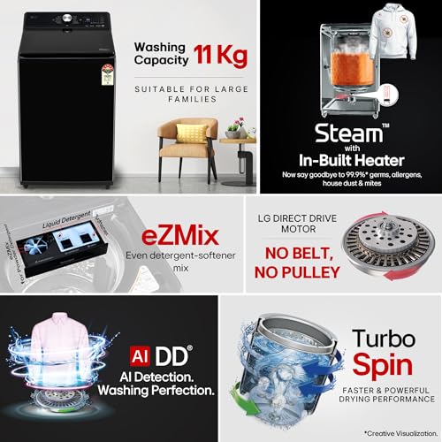 Image of LG 11 Kg, 5 Star, AI Direct Drive Technology, Wi-Fi Enabled, Inverter Direct Drive, Fully Automatic Top Load Washing Machine (TX511SWO, Turbodrum, In Built Heater with Steam, Turbowash, Onyx Black)