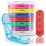 Vive 7 Day Pill Organizer - Stackable 4 Times a Day Supplement & Weekly Medicine Holder - AM PM Dispenser Case with Splitter Cutter - Portable Daily Vitamin Container - Slim 7 Day Travel Calendar