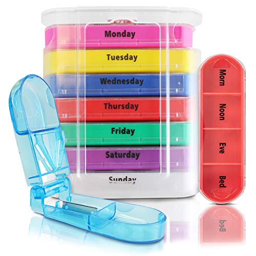 Review Product Vive 7 Day Pill Organizer - Stackable 4 Times a Day Supplement & Weekly Medicine Holder - AM PM Dispenser Case with Splitter Cutter - Portable Daily Vitamin Container - Slim 7 Day Travel Calendar