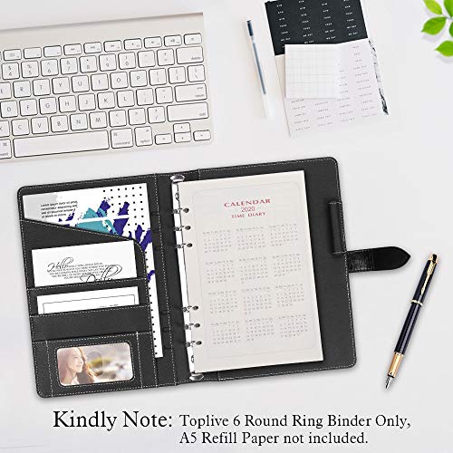 Toplive Leather A5 Binder,6 Round Ring Binder Planner Notebook Cover for A5 Filler Paper(Inner Paper Not Included),Black