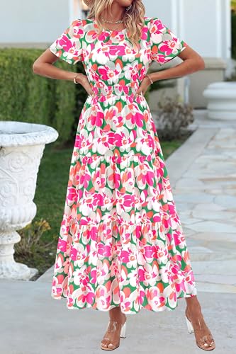 Image of PRETTYGARDEN Women's Casual Smocked Boho Floral A-Line Maxi Dress 2026 | Summer Short Flutter Sleeve Crewneck Tiered Long Sundress,Fall Wedding Guest Dresses,Spring Cute Flowy Beach Vacation Clothes