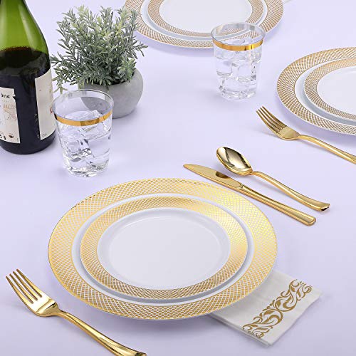 Focusline 175 Piece Gold Dinnerware Set For 25 Guest- Gold Grid Plastic Plates, Gold Plastic Silverware, Gold Plastic Cups And Napkins, Fancy Plastic Plates Disposable Set For Party Weddings Birthday #TOP4