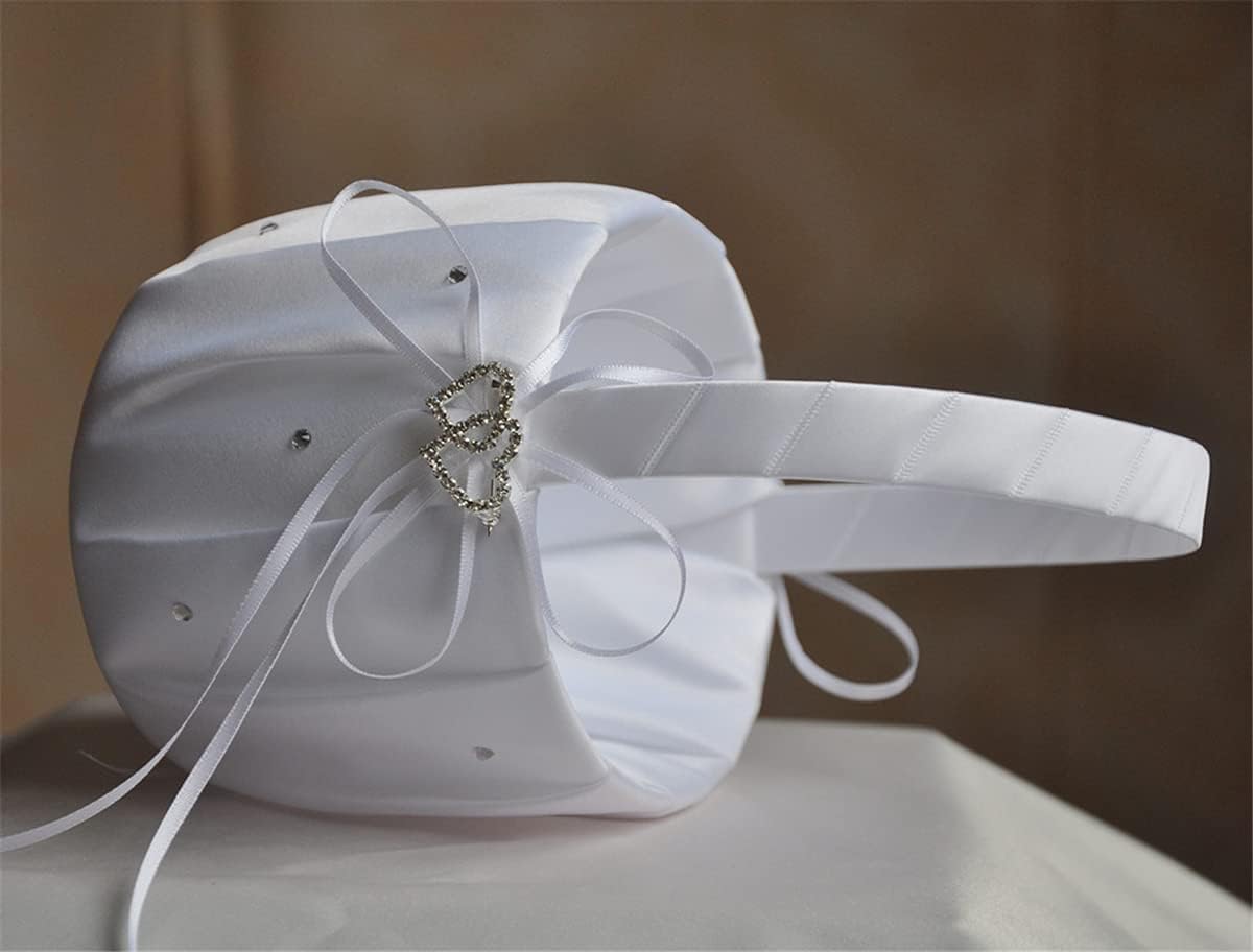 Bridal Thin Bow and Rhinestone Basket Flower Girl Heart-Shape Decor Basket Ring Bearer Basket for Wedding Party Decoration