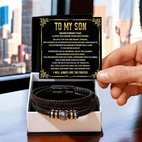 To My Son Bracelet – Love You Forever Braided Leather Bracelet from Father and Mother, Meaningful Men’s Gift with Heartfelt Message & Elegant Box for Birthday, Graduation, Christmas3