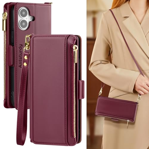 Antsturdy Crossbody Phone Wallet Case for iPhone 17,Wine Red