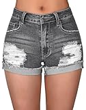 roswear Women's Mid Rise Ripped Stretchy Summer Cuffed Jean Shorts Grey X-Large