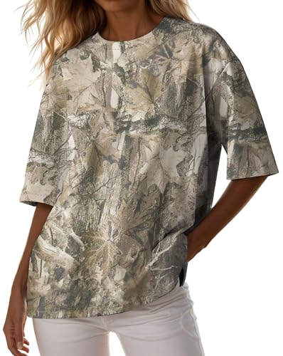 Camo Leaf Print Y2k Loose Fitting T-Shirts Graphic Spring Outfits Casual Shirts Cargo Tee Tops for Women Men