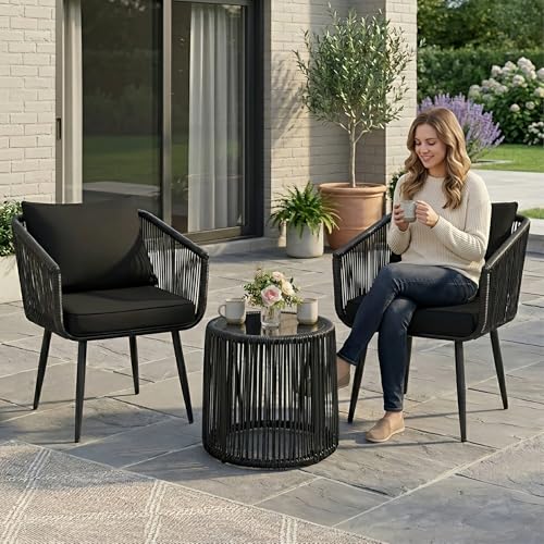 Image of Kromax 3-Piece Patio Rattan Bistro Conversation Set, Black | Outdoor All-Weather Wicker Furniture Chairs and Side Table Set, Ideal for Balcony, Porch and Backyard