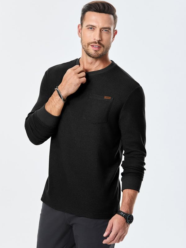 Men's Long Sleeve Shirt Casual Crewneck Lightweight Pullover Honeycomb Waffle Solid Knitted Tees with Pocket3